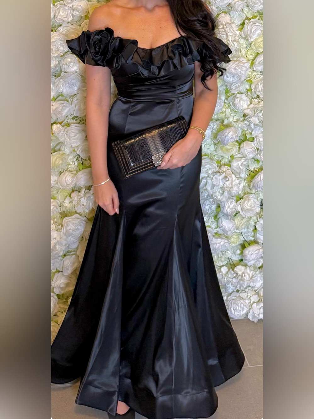 MACDUGGAL Off-Shoulder Black Satin Evening Gown with Floral Detail - Picture 5 of 7